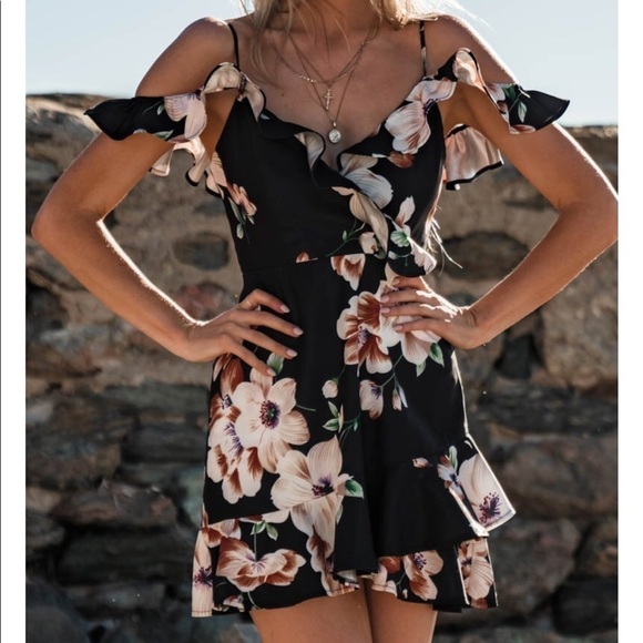 Dresses & Skirts - Black Floral Ruffle Off Shoulder Mini Dress NEW